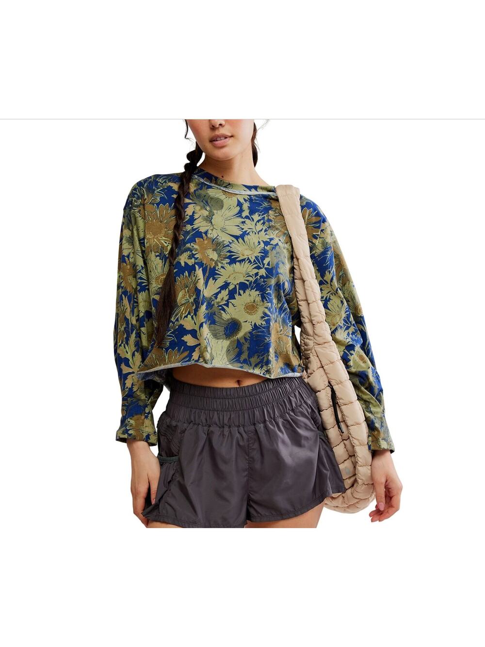FREE PEOPLE | FP Movement Inspire Blue Floral Boxy Printed Layer Shirt | Small